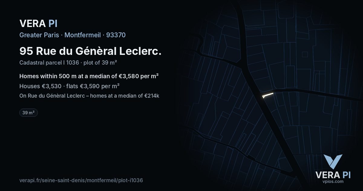 95 Rue du Génèral Leclerc, Montfermeil at night – the plot lit, the parcels around coloured by the prices near them