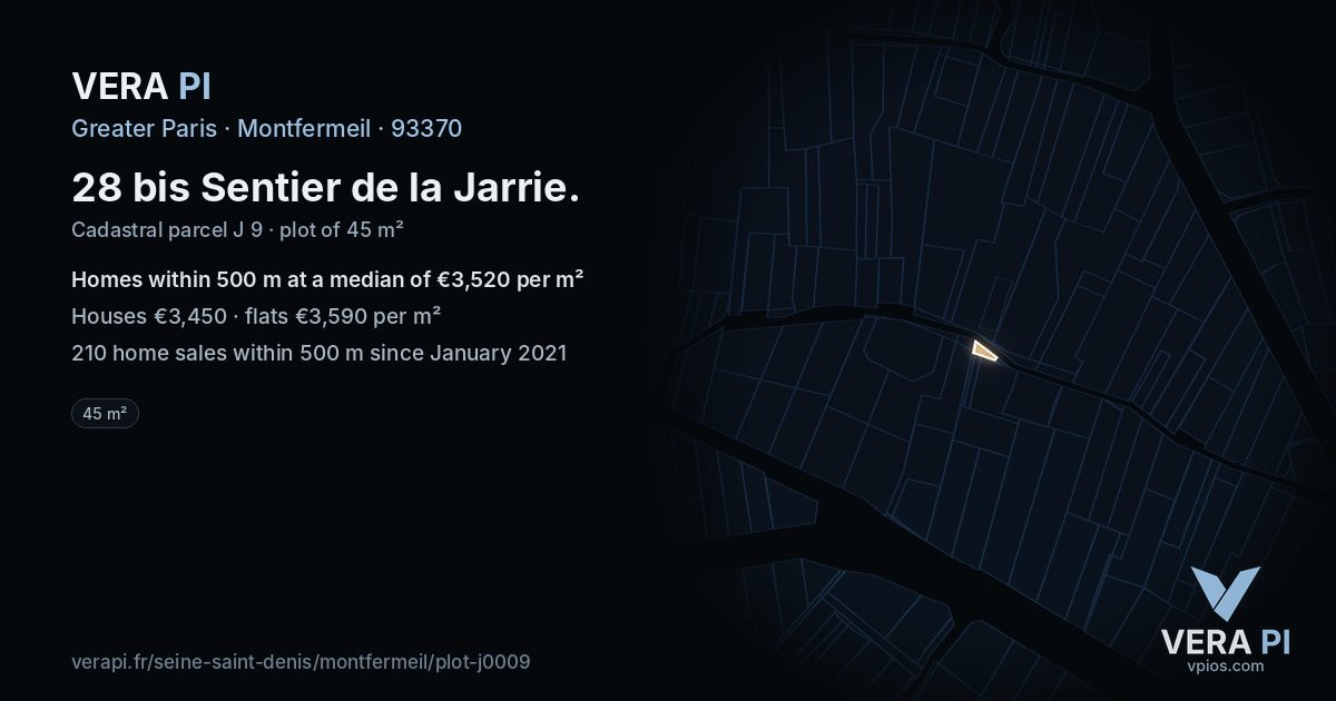 28 bis Sentier de la Jarrie, Montfermeil at night – the plot lit, the parcels around coloured by the prices near them