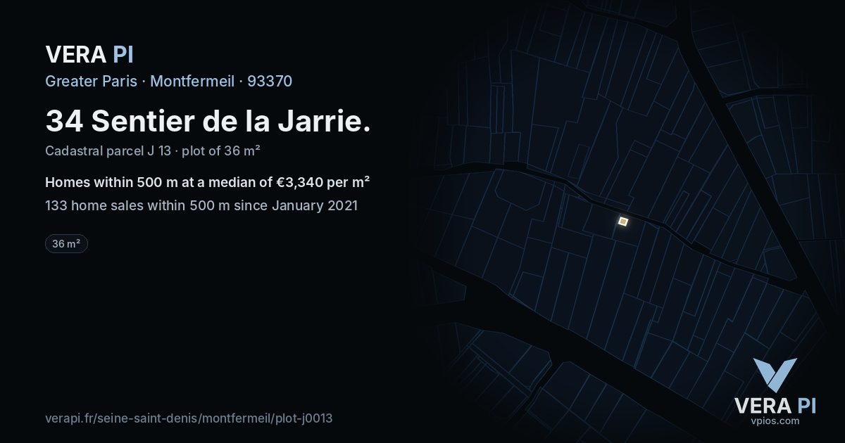 34 Sentier de la Jarrie, Montfermeil at night – the plot lit, the parcels around coloured by the prices near them