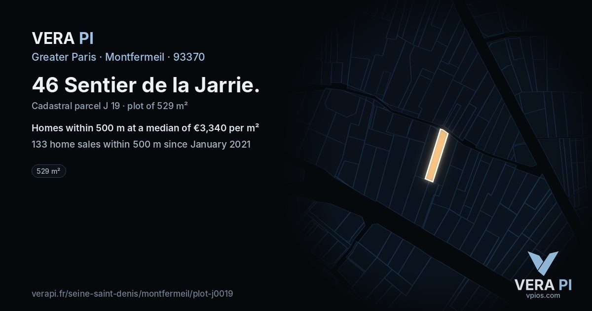 46 Sentier de la Jarrie, Montfermeil at night – the plot lit, the parcels around coloured by the prices near them