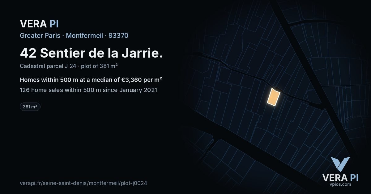 42 Sentier de la Jarrie, Montfermeil at night – the plot lit, the parcels around coloured by the prices near them