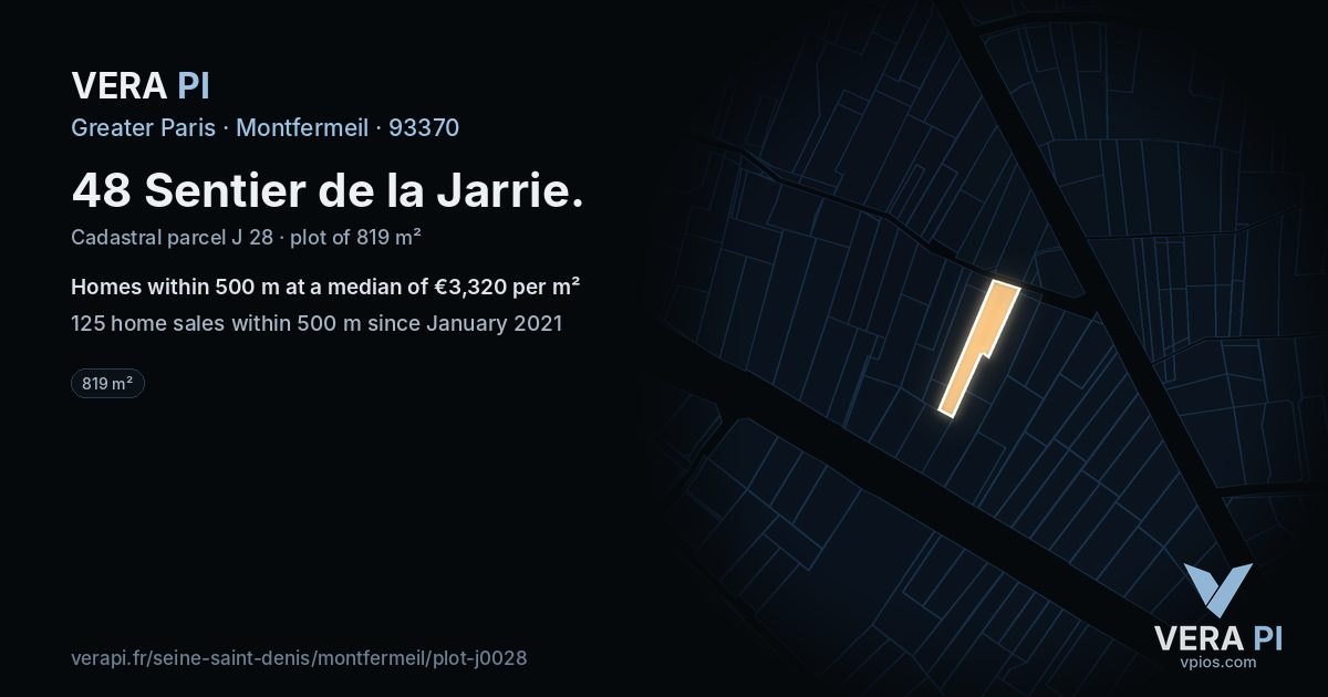 48 Sentier de la Jarrie, Montfermeil at night – the plot lit, the parcels around coloured by the prices near them