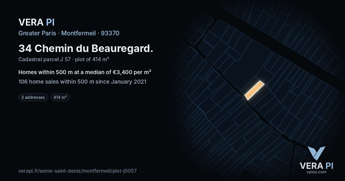 34 Chemin du Beauregard, Montfermeil at night – the plot lit, the parcels around coloured by the prices near them