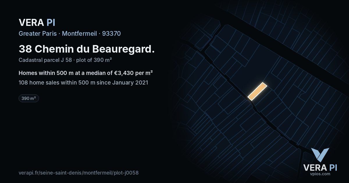 38 Chemin du Beauregard, Montfermeil at night – the plot lit, the parcels around coloured by the prices near them