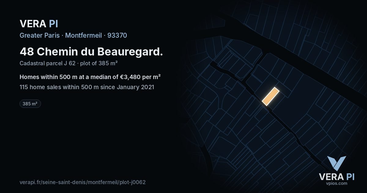 48 Chemin du Beauregard, Montfermeil at night – the plot lit, the parcels around coloured by the prices near them