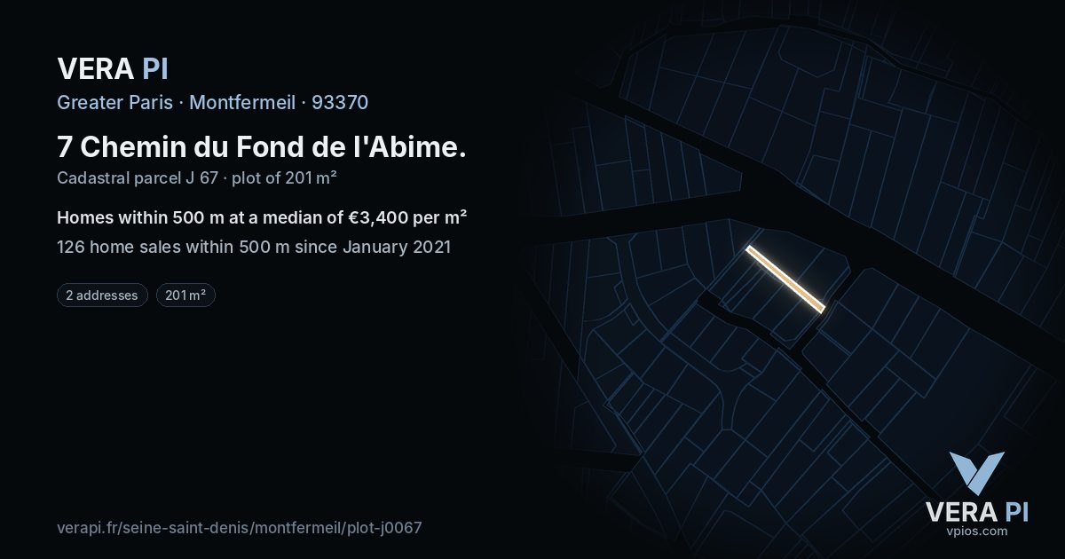 7 Chemin du Fond de l'Abime, Montfermeil at night – the plot lit, the parcels around coloured by the prices near them