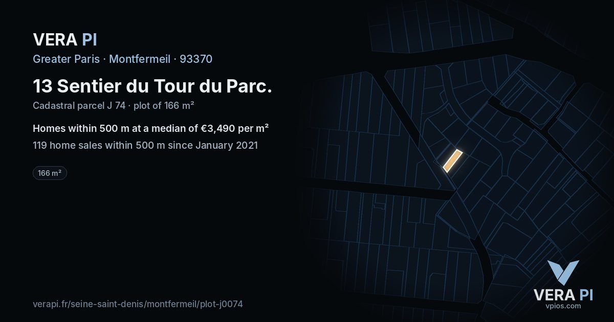 13 Sentier du Tour du Parc, Montfermeil at night – the plot lit, the parcels around coloured by the prices near them