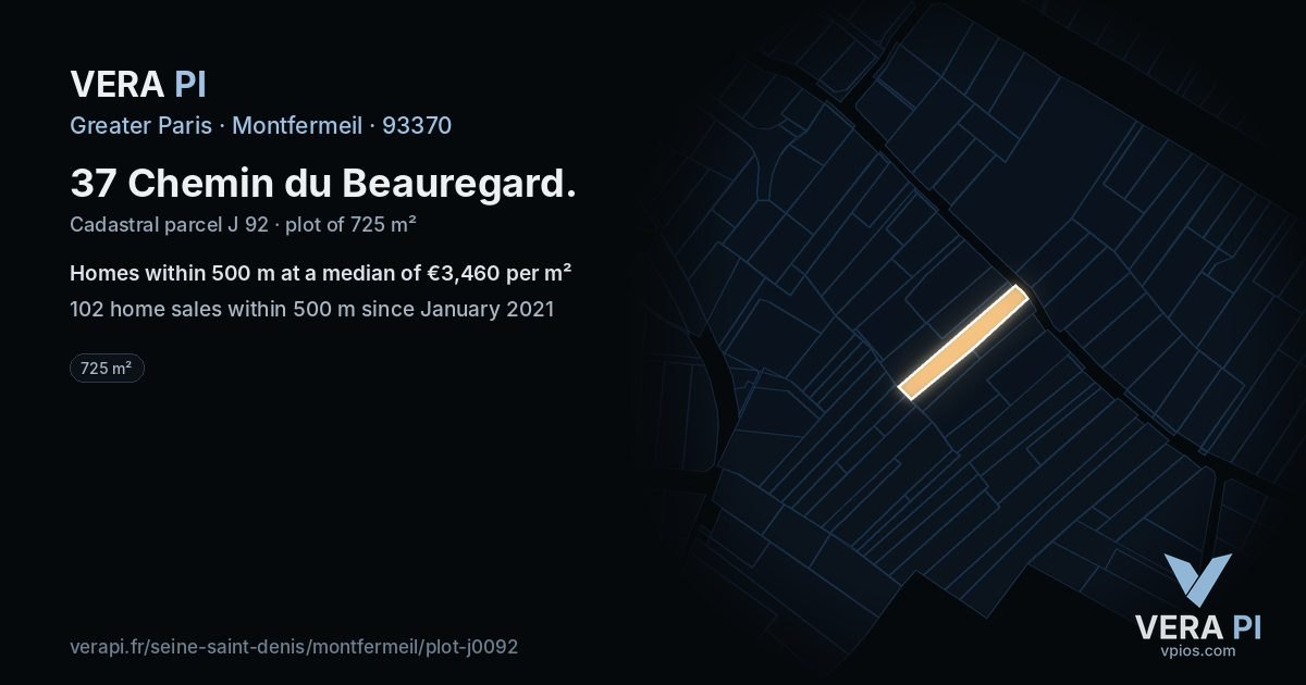 37 Chemin du Beauregard, Montfermeil at night – the plot lit, the parcels around coloured by the prices near them