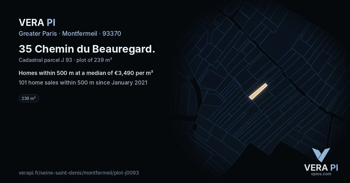 35 Chemin du Beauregard, Montfermeil at night – the plot lit, the parcels around coloured by the prices near them
