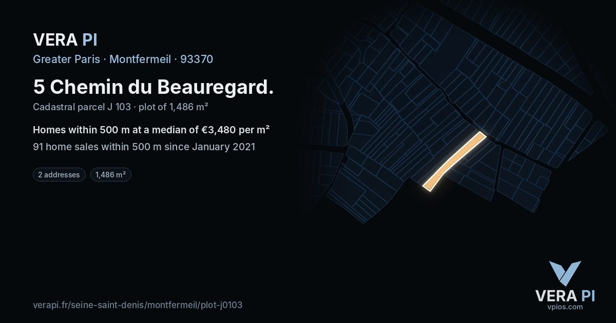 5 Chemin du Beauregard, Montfermeil at night – the plot lit, the parcels around coloured by the prices near them