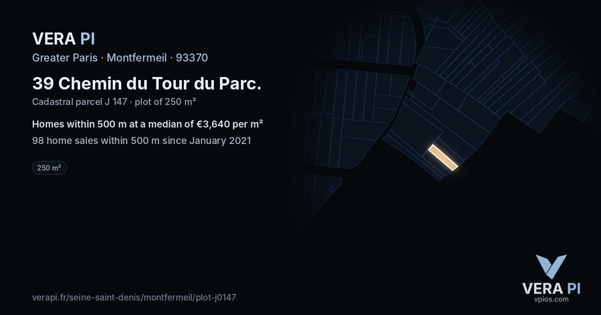 39 Chemin du Tour du Parc, Montfermeil at night – the plot lit, the parcels around coloured by the prices near them