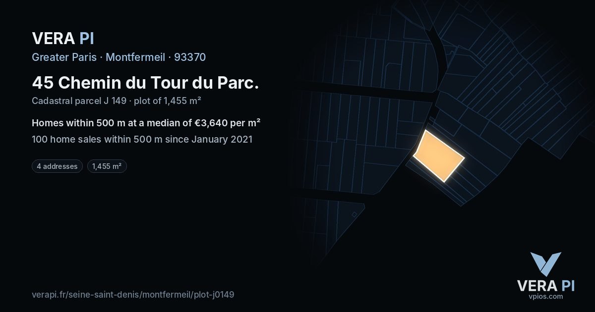 45 Chemin du Tour du Parc, Montfermeil at night – the plot lit, the parcels around coloured by the prices near them