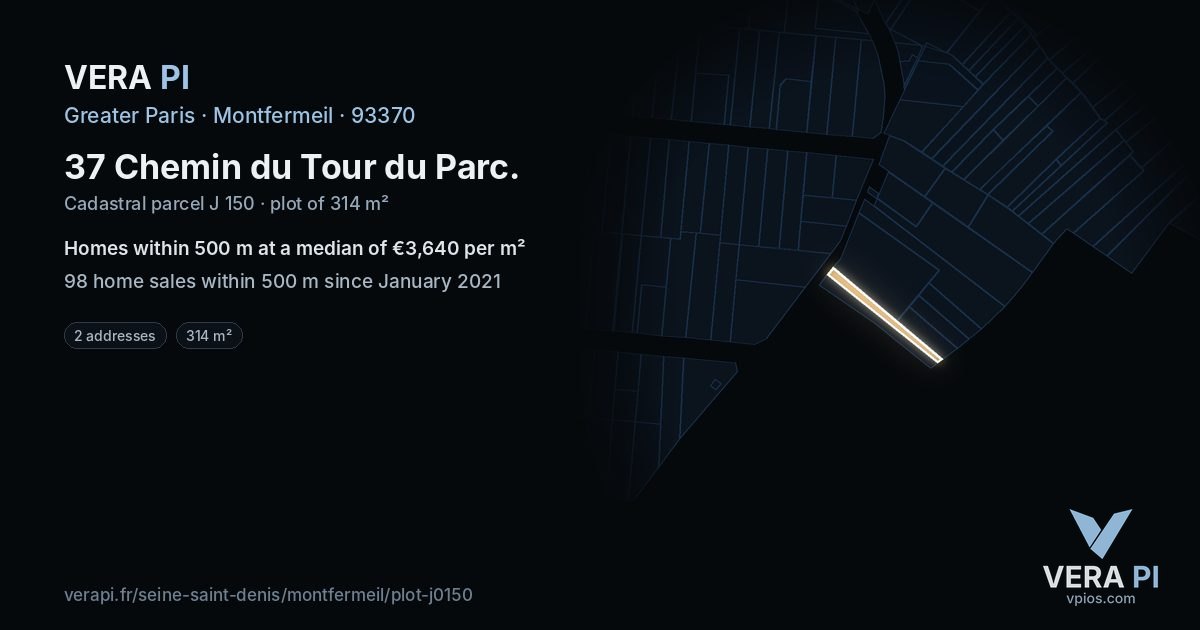 37 Chemin du Tour du Parc, Montfermeil at night – the plot lit, the parcels around coloured by the prices near them