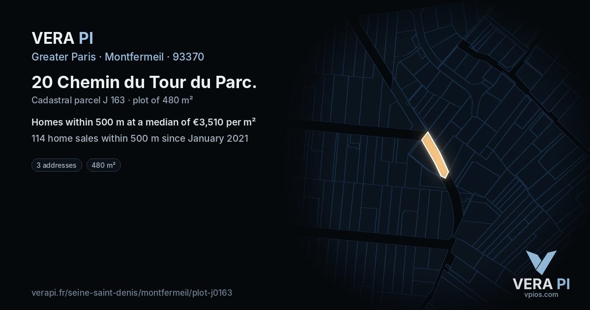 20 Chemin du Tour du Parc, Montfermeil at night – the plot lit, the parcels around coloured by the prices near them