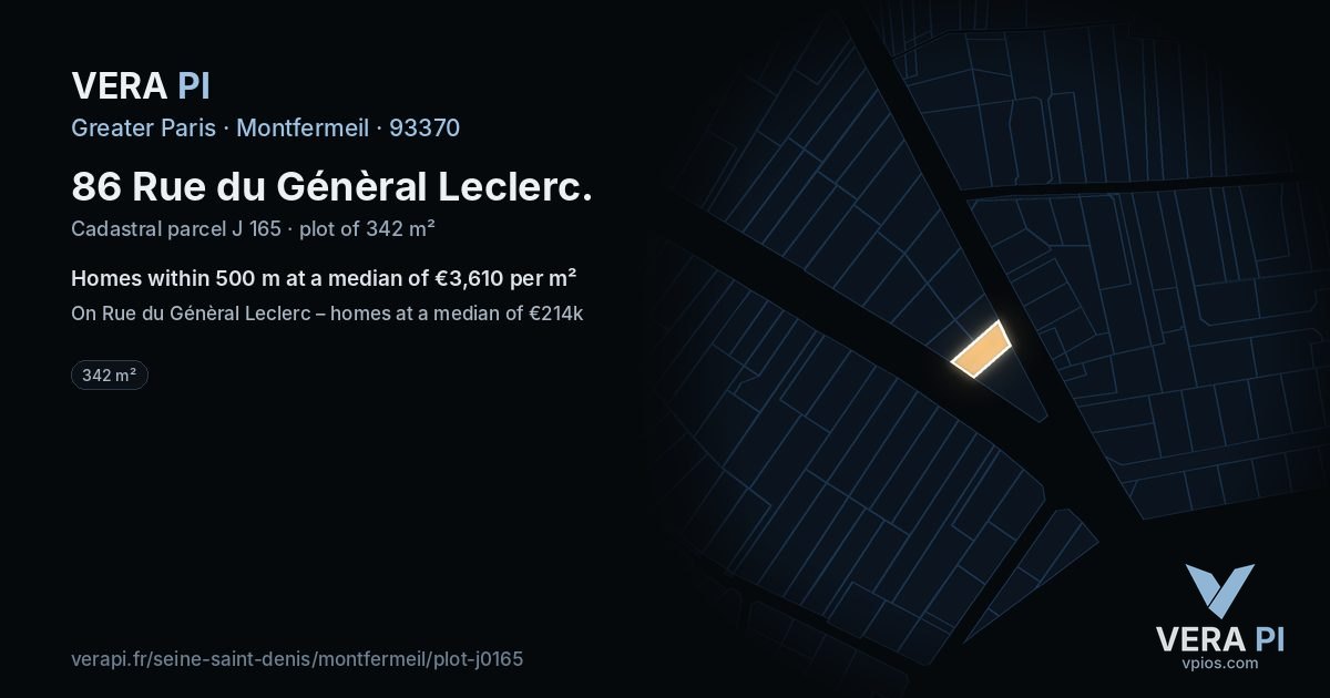 86 Rue du Génèral Leclerc, Montfermeil at night – the plot lit, the parcels around coloured by the prices near them