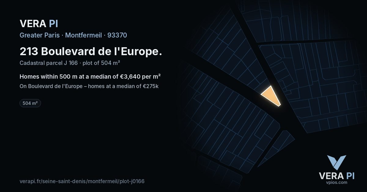 213 Boulevard de l'Europe, Montfermeil at night – the plot lit, the parcels around coloured by the prices near them