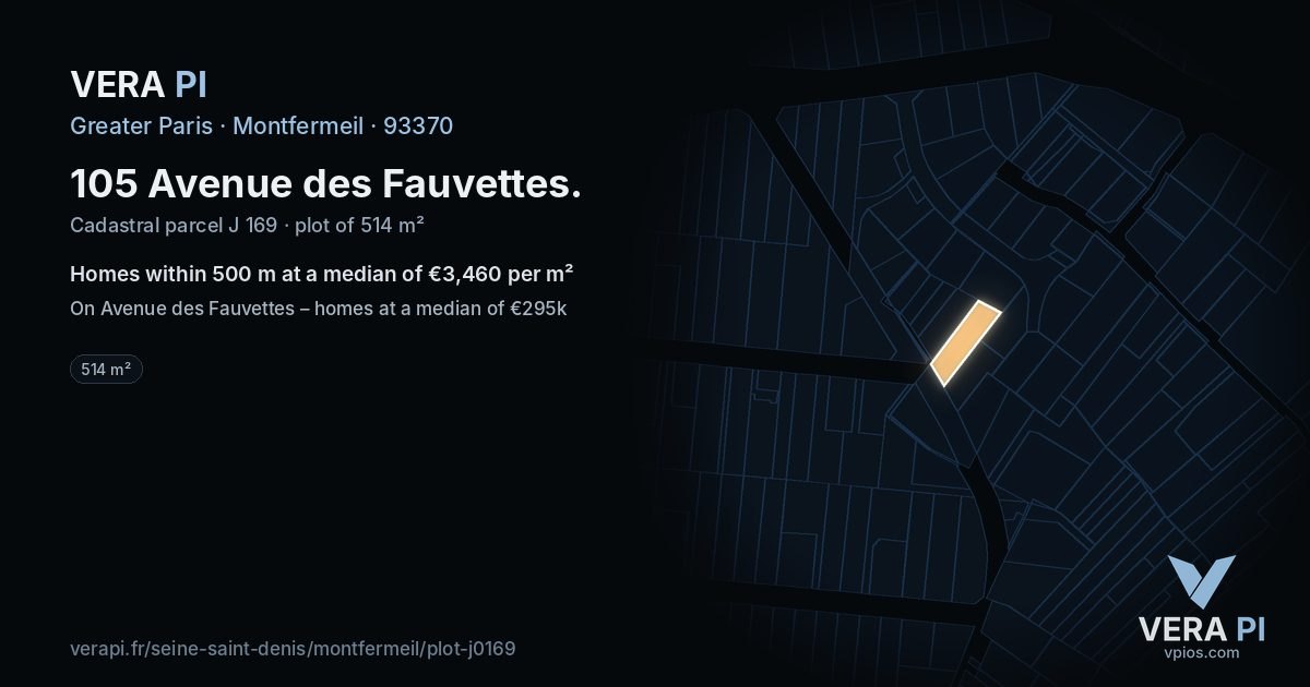 105 Avenue des Fauvettes, Montfermeil at night – the plot lit, the parcels around coloured by the prices near them