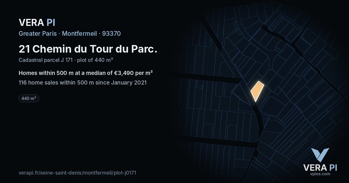 21 Chemin du Tour du Parc, Montfermeil at night – the plot lit, the parcels around coloured by the prices near them