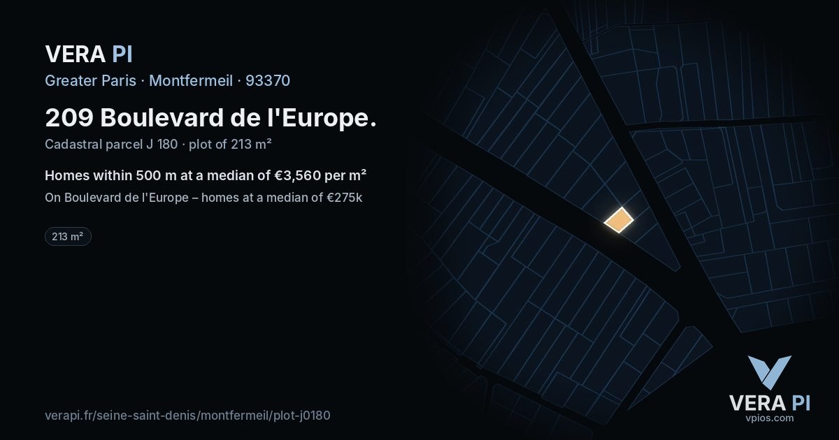 209 Boulevard de l'Europe, Montfermeil at night – the plot lit, the parcels around coloured by the prices near them