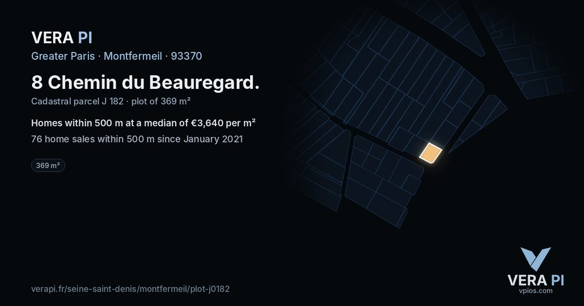 8 Chemin du Beauregard, Montfermeil at night – the plot lit, the parcels around coloured by the prices near them