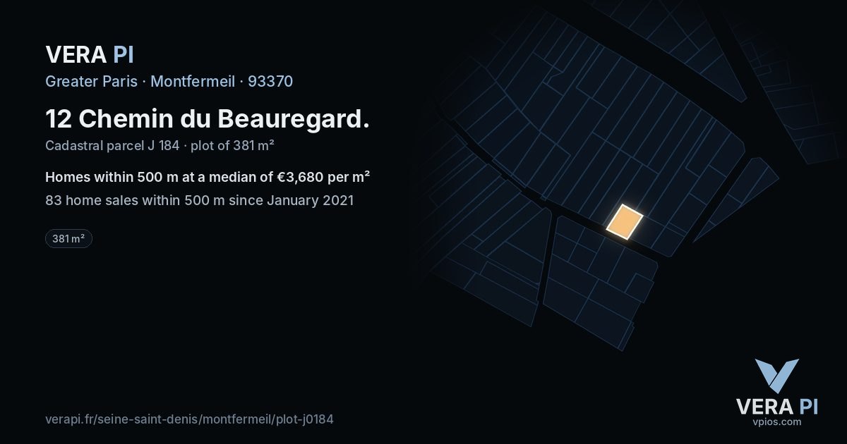 12 Chemin du Beauregard, Montfermeil at night – the plot lit, the parcels around coloured by the prices near them