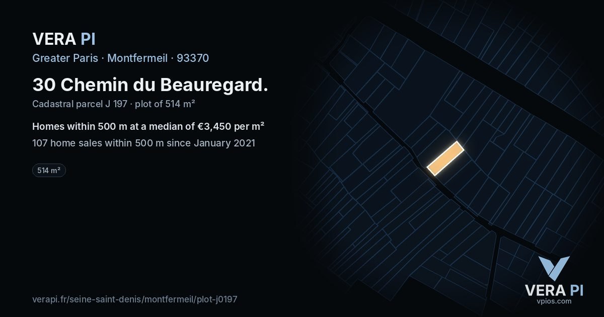 30 Chemin du Beauregard, Montfermeil at night – the plot lit, the parcels around coloured by the prices near them