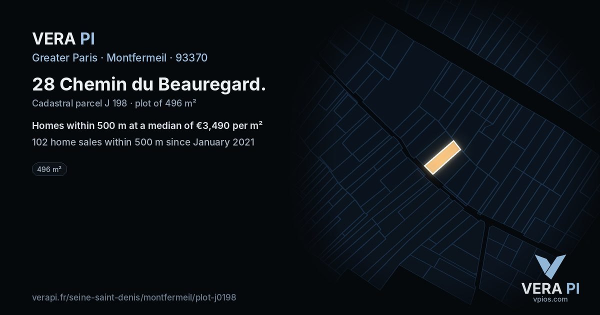 28 Chemin du Beauregard, Montfermeil at night – the plot lit, the parcels around coloured by the prices near them