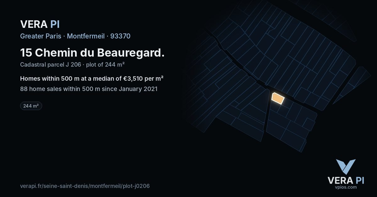 15 Chemin du Beauregard, Montfermeil at night – the plot lit, the parcels around coloured by the prices near them
