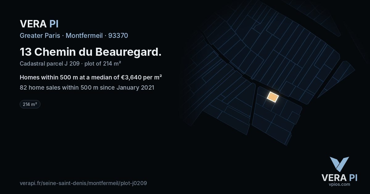13 Chemin du Beauregard, Montfermeil at night – the plot lit, the parcels around coloured by the prices near them