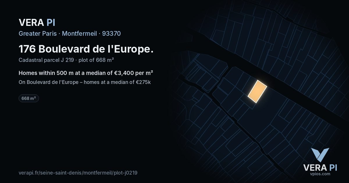 176 Boulevard de l'Europe, Montfermeil at night – the plot lit, the parcels around coloured by the prices near them
