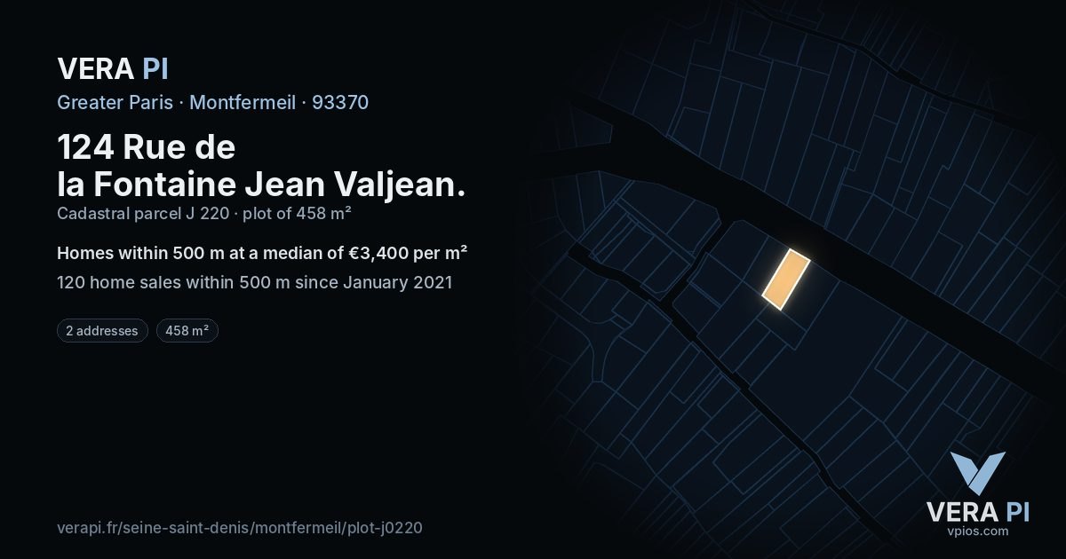 124 Rue de la Fontaine Jean Valjean, Montfermeil at night – the plot lit, the parcels around coloured by the prices near them