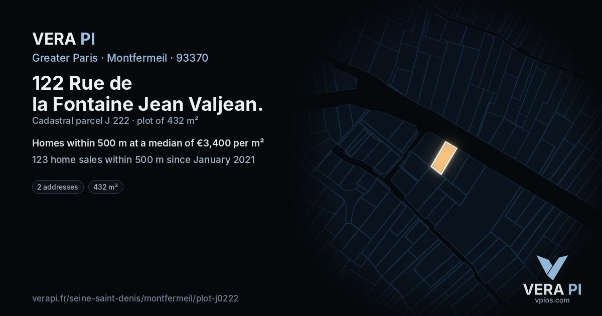 122 Rue de la Fontaine Jean Valjean, Montfermeil at night – the plot lit, the parcels around coloured by the prices near them