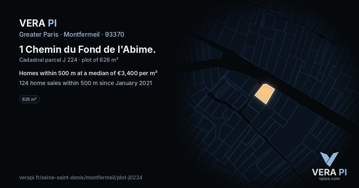 1 Chemin du Fond de l'Abime, Montfermeil at night – the plot lit, the parcels around coloured by the prices near them