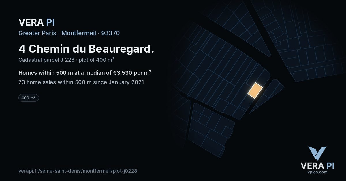 4 Chemin du Beauregard, Montfermeil at night – the plot lit, the parcels around coloured by the prices near them