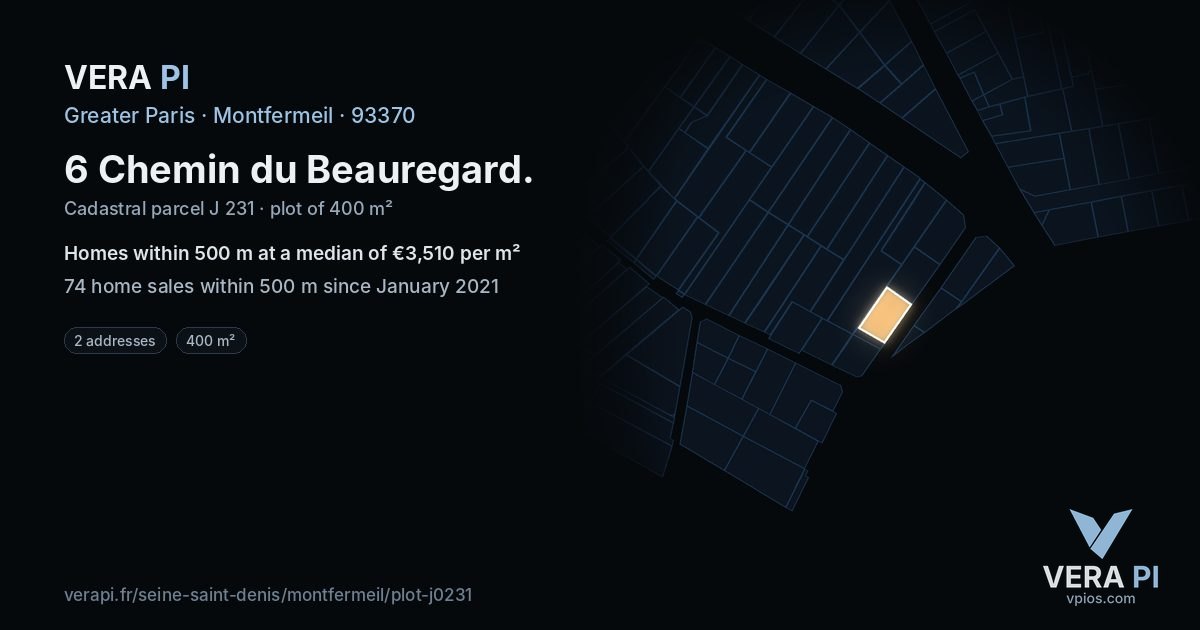 6 Chemin du Beauregard, Montfermeil at night – the plot lit, the parcels around coloured by the prices near them