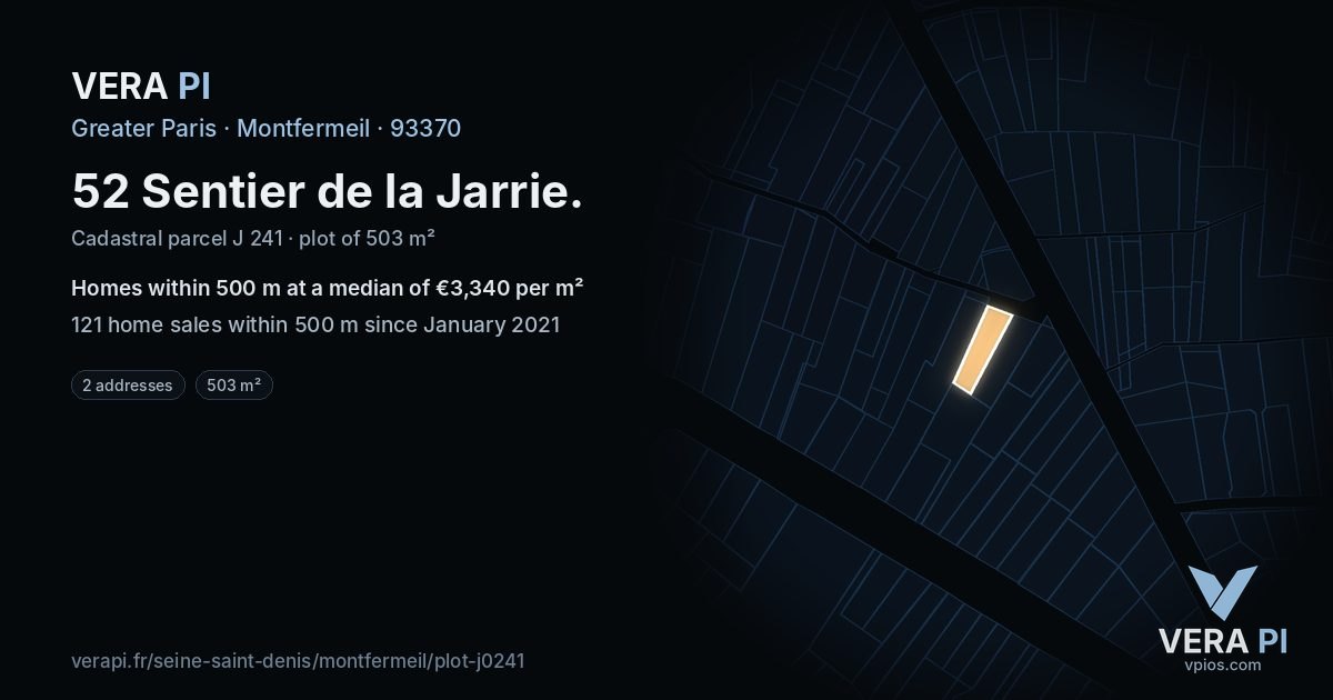 52 Sentier de la Jarrie, Montfermeil at night – the plot lit, the parcels around coloured by the prices near them