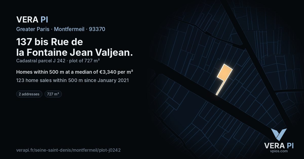 137 bis Rue de la Fontaine Jean Valjean, Montfermeil at night – the plot lit, the parcels around coloured by the prices near them