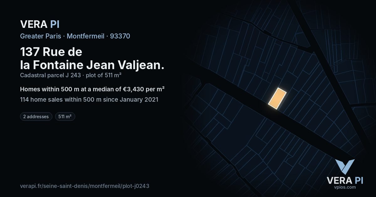137 Rue de la Fontaine Jean Valjean, Montfermeil at night – the plot lit, the parcels around coloured by the prices near them