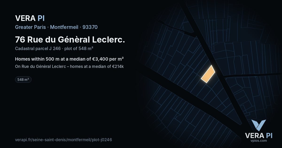 76 Rue du Génèral Leclerc, Montfermeil at night – the plot lit, the parcels around coloured by the prices near them