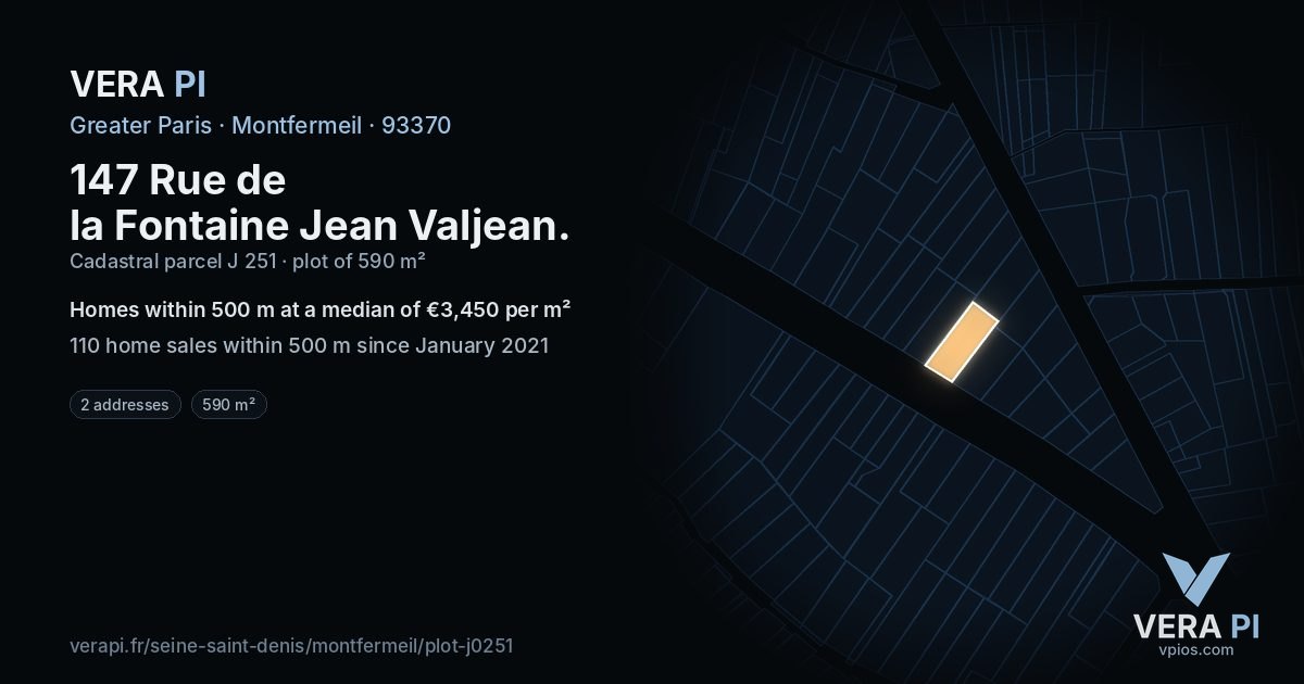 147 Rue de la Fontaine Jean Valjean, Montfermeil at night – the plot lit, the parcels around coloured by the prices near them