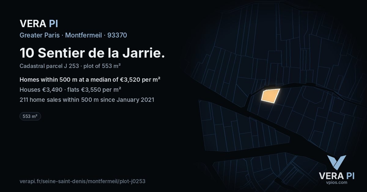 10 Sentier de la Jarrie, Montfermeil at night – the plot lit, the parcels around coloured by the prices near them