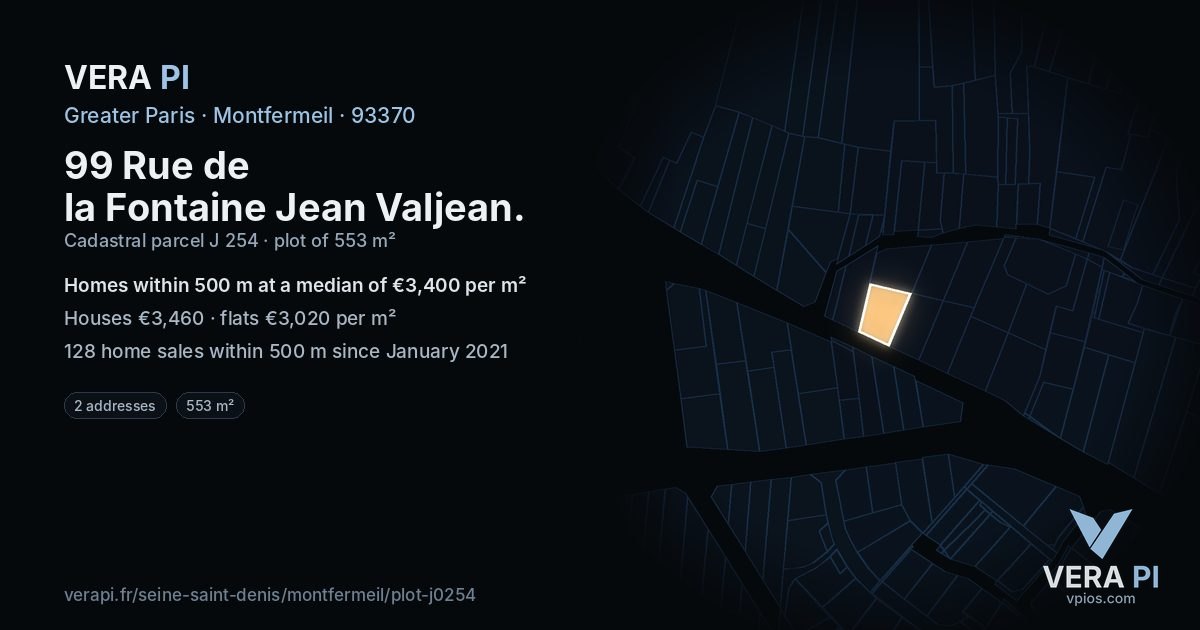 99 Rue de la Fontaine Jean Valjean, Montfermeil at night – the plot lit, the parcels around coloured by the prices near them