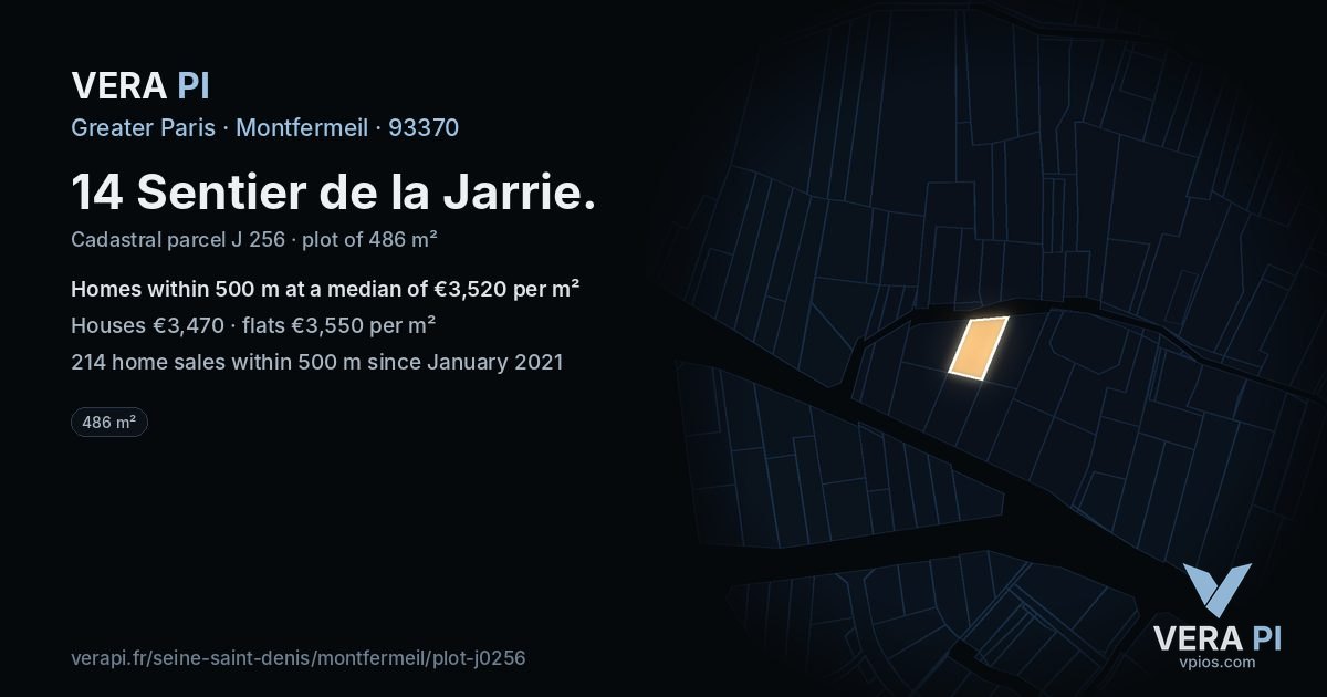 14 Sentier de la Jarrie, Montfermeil at night – the plot lit, the parcels around coloured by the prices near them