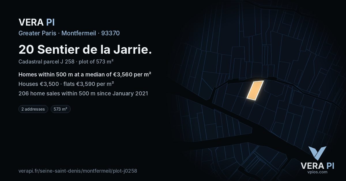 20 Sentier de la Jarrie, Montfermeil at night – the plot lit, the parcels around coloured by the prices near them