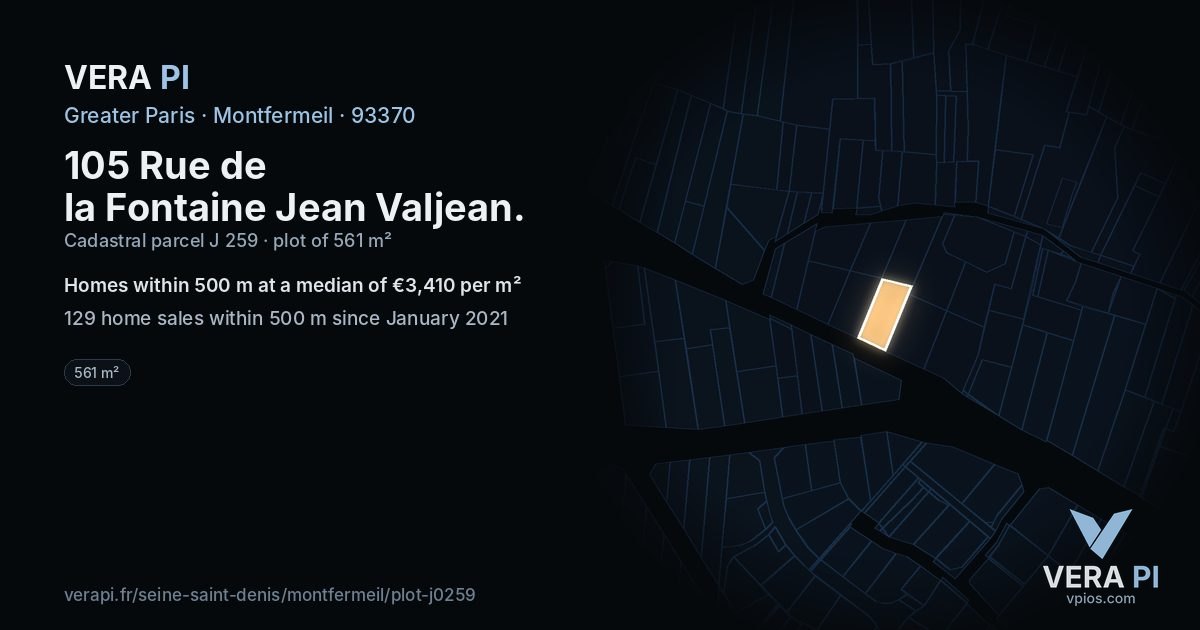 105 Rue de la Fontaine Jean Valjean, Montfermeil at night – the plot lit, the parcels around coloured by the prices near them