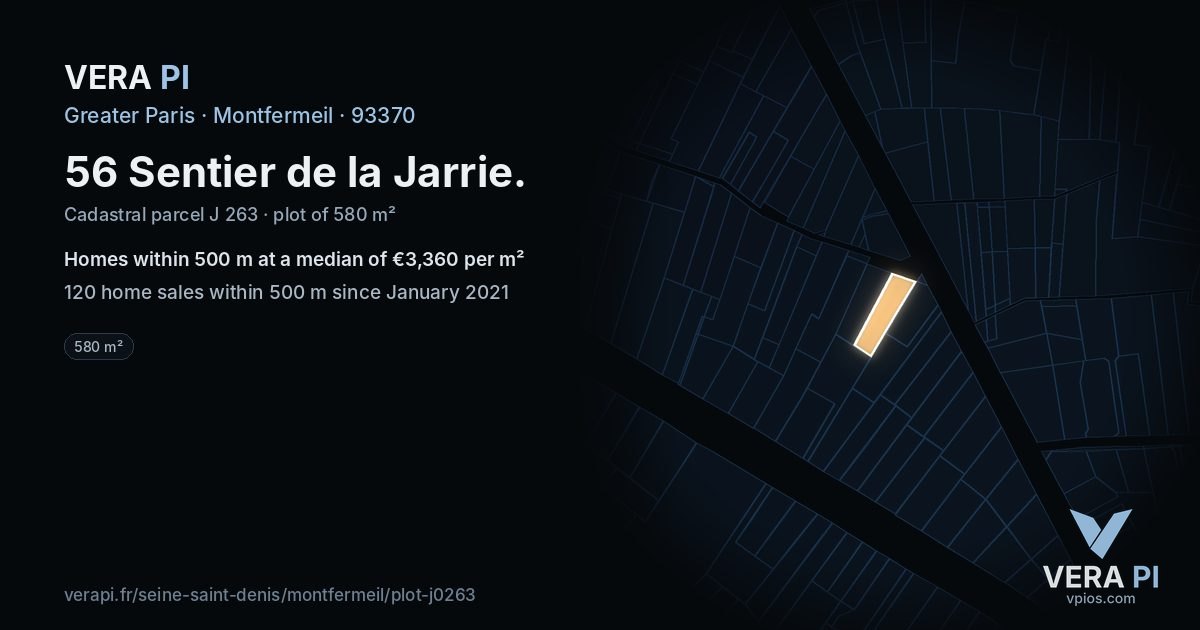 56 Sentier de la Jarrie, Montfermeil at night – the plot lit, the parcels around coloured by the prices near them