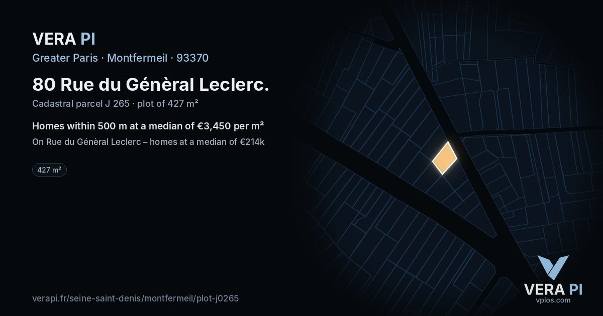 80 Rue du Génèral Leclerc, Montfermeil at night – the plot lit, the parcels around coloured by the prices near them