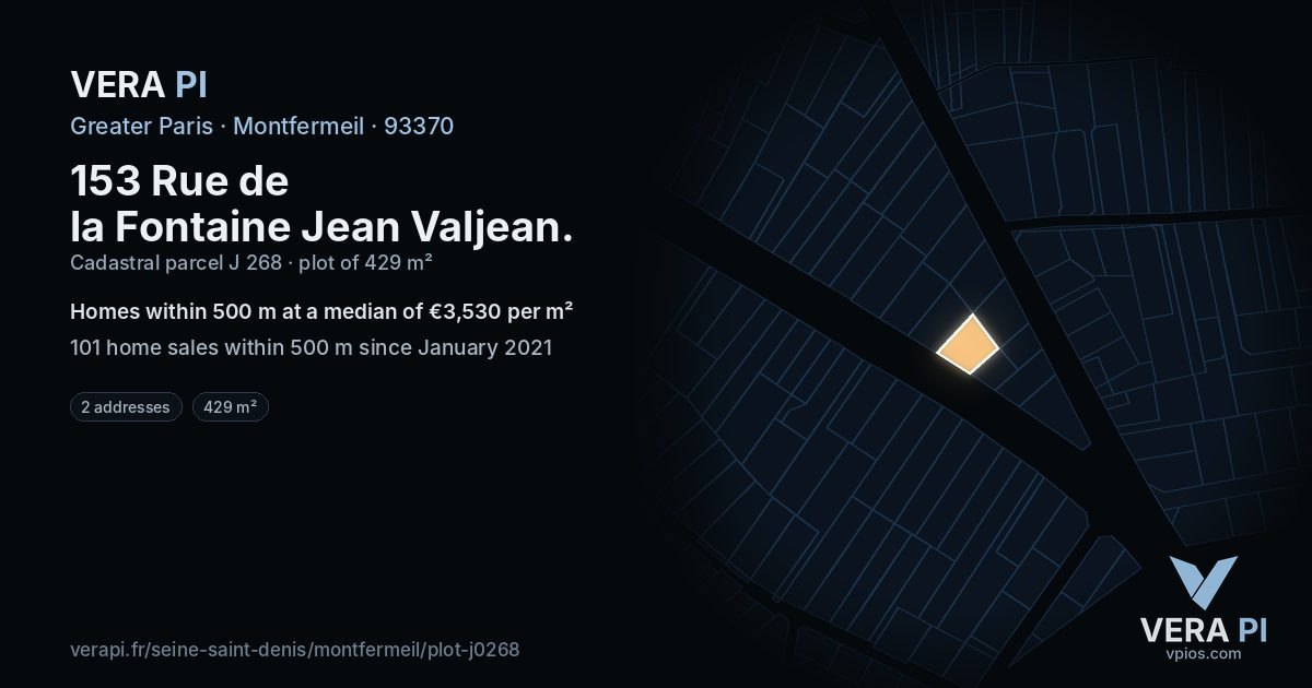 153 Rue de la Fontaine Jean Valjean, Montfermeil at night – the plot lit, the parcels around coloured by the prices near them