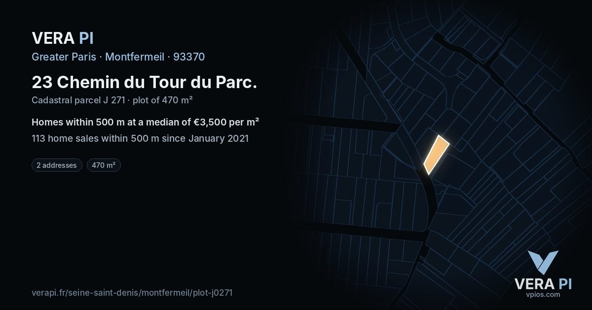 23 Chemin du Tour du Parc, Montfermeil at night – the plot lit, the parcels around coloured by the prices near them