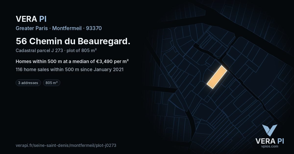56 Chemin du Beauregard, Montfermeil at night – the plot lit, the parcels around coloured by the prices near them